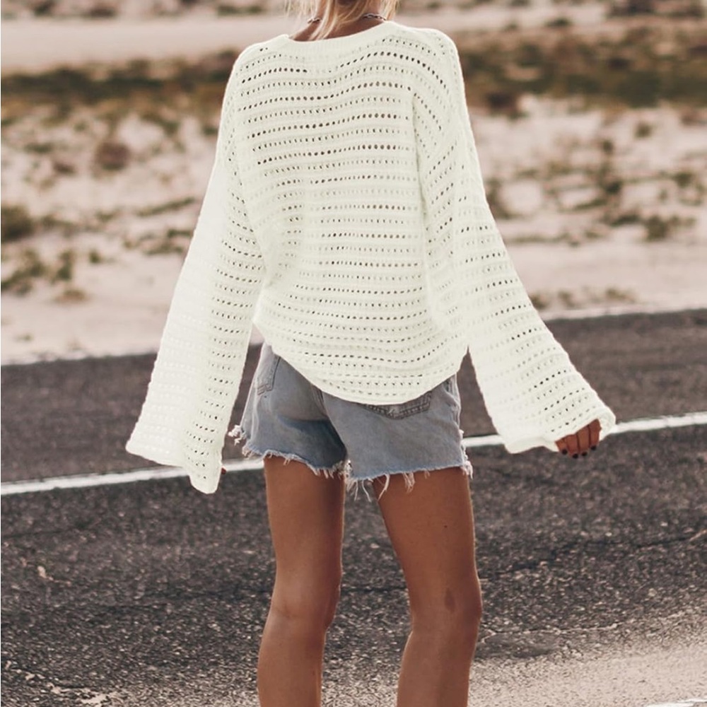 White Crochet Sweater Open Weave Cozy Cotton Blend Bell Sleeves Amazon NWOT - Picture 3 of 8